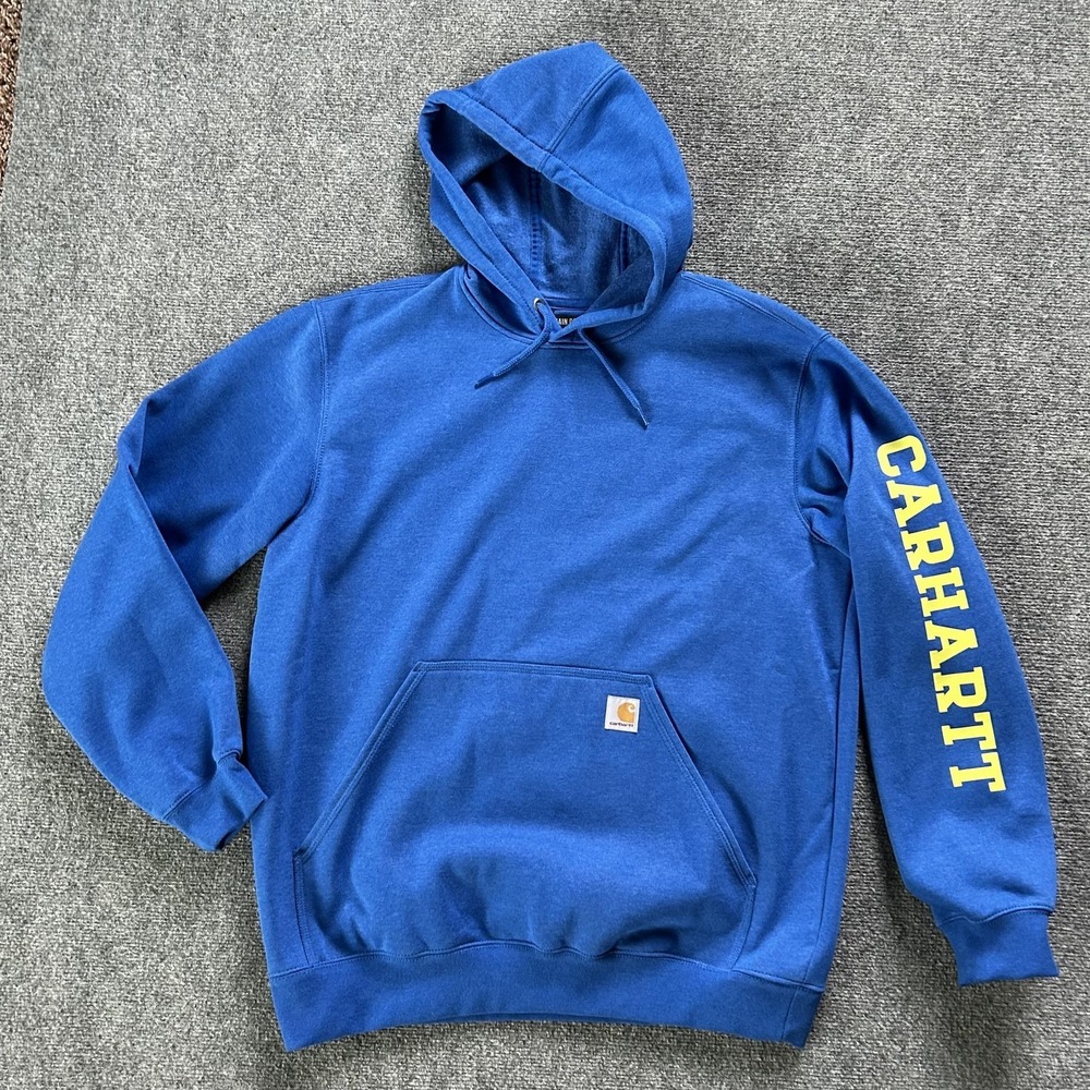 Carhartt Fleece Hoodie Mens Large Blue Rain Defender Pullover Logo Sleeve - Picture 2 of 10